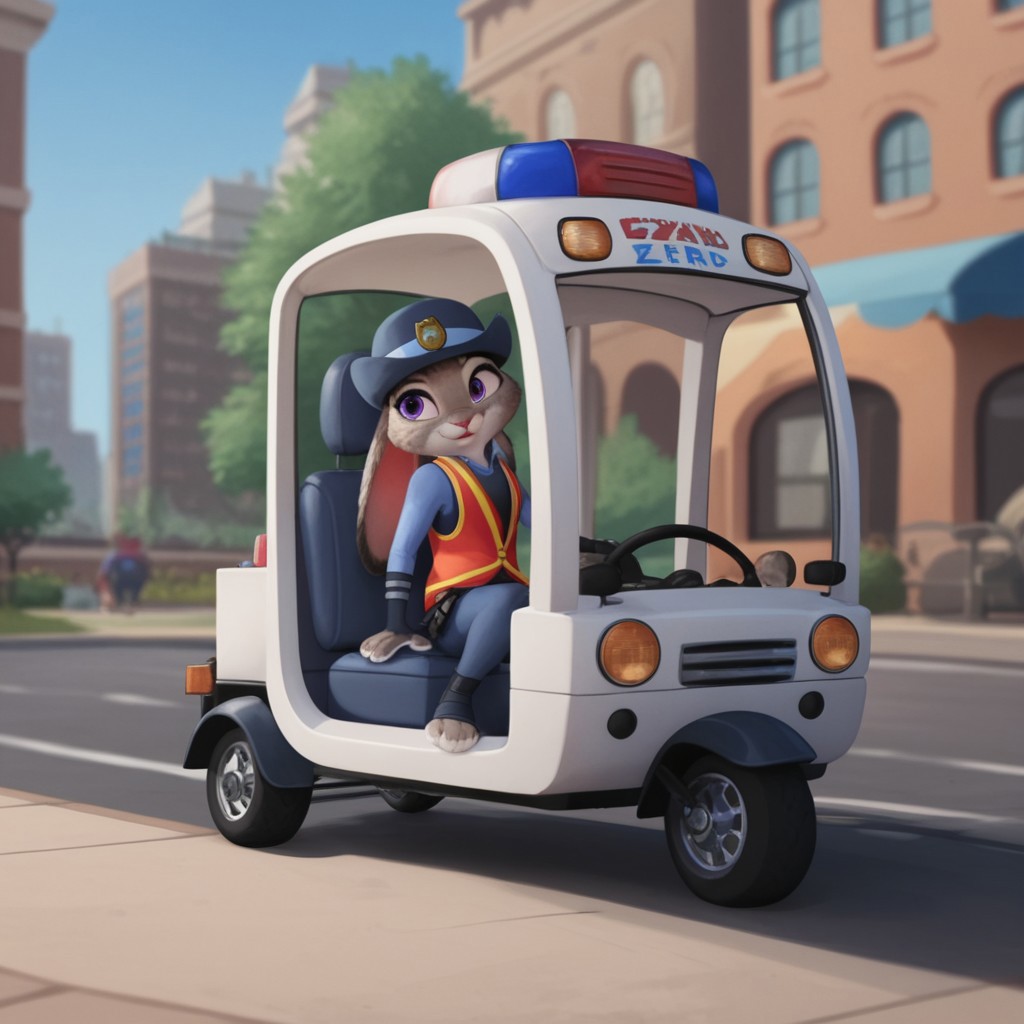 score_9, score_8_up, score_7_up, score_6_up, score_5_up, score_4_up, source_furry, hoppsJudyzt, anthro, female, bunny, grey fur, purple eyes, rabbit ears, rabbit tail, rabbit girl, zpd parking uniform, dark blue pants, blue shirt, orange safety vest, hat, toeless blue footwear, sitting, driving, white zpd police cart, street, city, vehicle