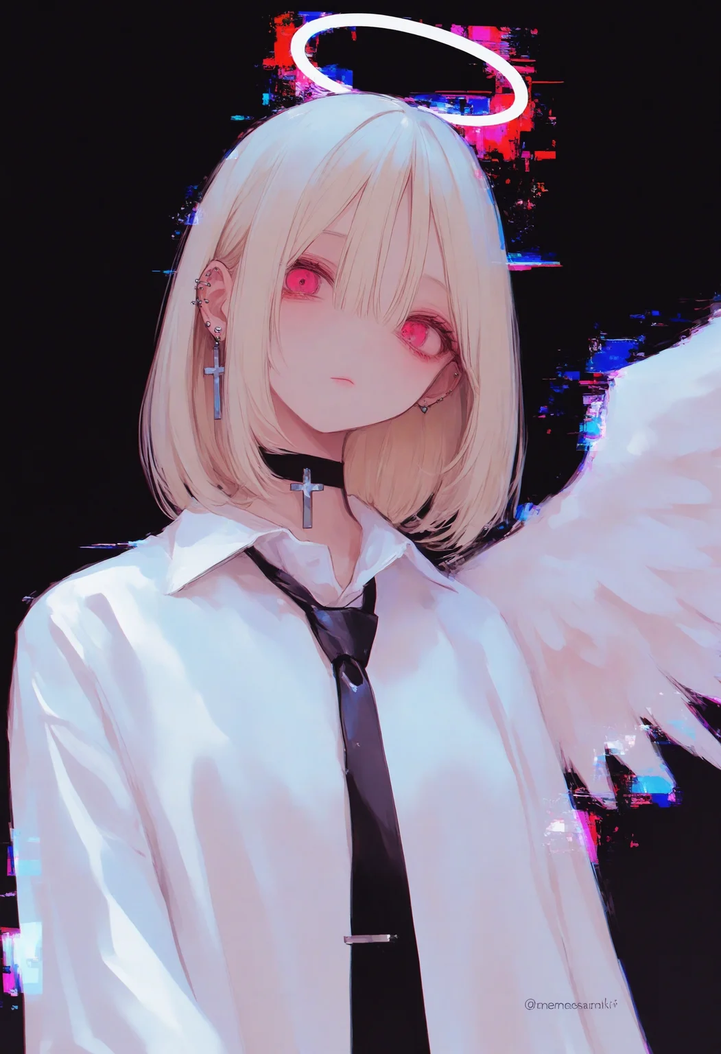 1girl,
very awa, 748cm, glitch, halo, solo, wings, looking at viewer, earrings, angel wings, jewelry, white wings, angel, feathered wings, upper body, blonde hair, ear piercing, black background, short hair, white hair, piercing, medium hair, hair over one eye, simple background, pink eyes, black necktie, choker, necktie, collared shirt, cross, white shirt, parted bangs, artist name, shirt, closed mouth, cross earrings, single wing,
a striking digital art piece created by the artist Ameosanki, known for their distinctive style. She has piercing red eyes that stand out against her pale complexion. This image is part of a series or project titled "original," showcasing the artist's unique interpretation of characters from this popular franchise.
masterpiece, best quality, photo-referenced, painting \(medium\)
<lora:748cm-NoobEPS100-lokr-v03-000080:1>