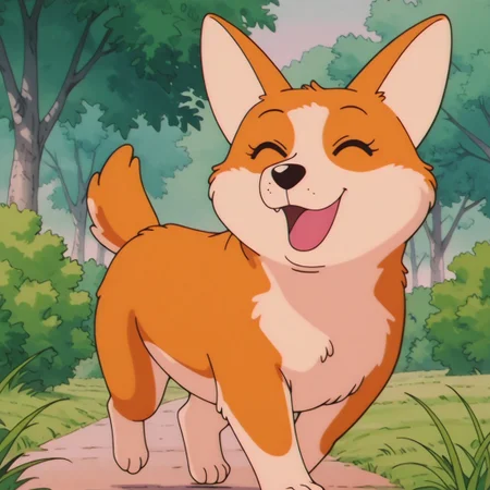 best quality, high quality, highly aesthetic, masterpiece, 
anime screencap, anime coloring, retro artstyle,
(1girl, feral, solo, Elsa(HB), dog, Welsh Corgi, orange and white fur, black nose, dog tail, (fluffy), smile, happy, walking, closed eyes, open mouth, smile), 
outside, park, bushes, grass, trees, from below, 
SailorMoonXL