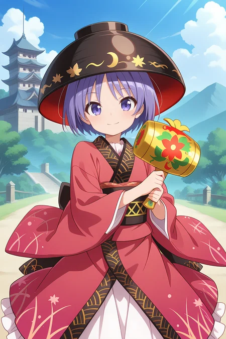absurdres, highres, masterpiece, best quality, amazing quality, official anime artwork, screencap, anime screencap, outdoors, light smile, looking at viewer, dynamic pose, shining needle castle, 
 <lora:Shinmyoumaru-Sukuna_Illustrious:1> sukuna shinmyoumaru, 1girl, solo, blue eyes, purple eyes, blue hair, purple hair, short hair, antena hair,, japanese clothes, red kimono, long sleeves, wide sleeves, sash, white skirt,  minigirl, 
holding, miracle mallet,