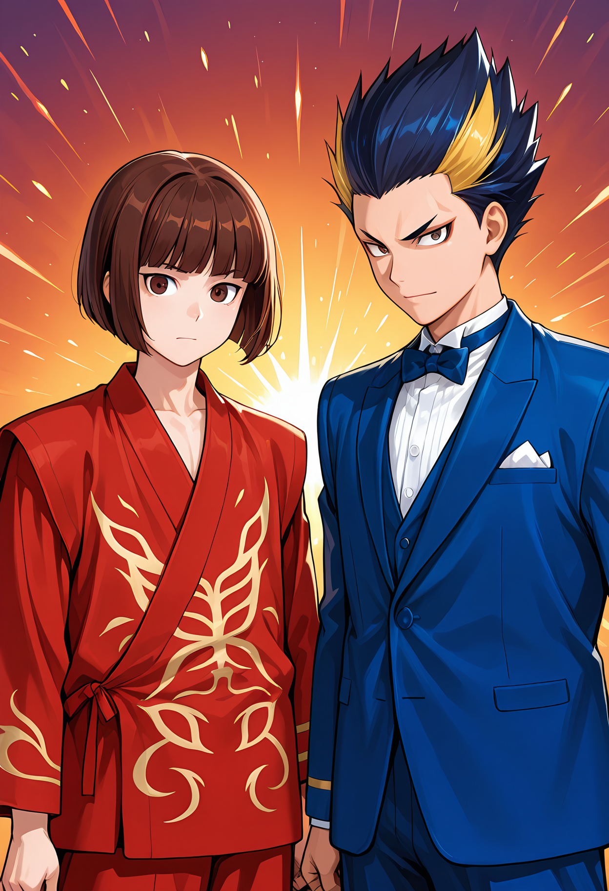 masterpiece, best quality, amazing quality, 2boys, chinese dragon background, <lora:cfg_scale_boost:0.6>  <lora:Jin_Chonshu_and_Jin_Chonrei_-_Fatal_Fury_-_ILXL:.8> ADDBASE
2boys, male, jin_chonshu, brown hair, bob cut, brown eyes, red clothes, yukata, japanese clothing, ADDCOL
2boys, male, jin_chonrei, multicolored hair, spiked hair, brown eyes, blue clothes, tuxedo, formal, bow tie