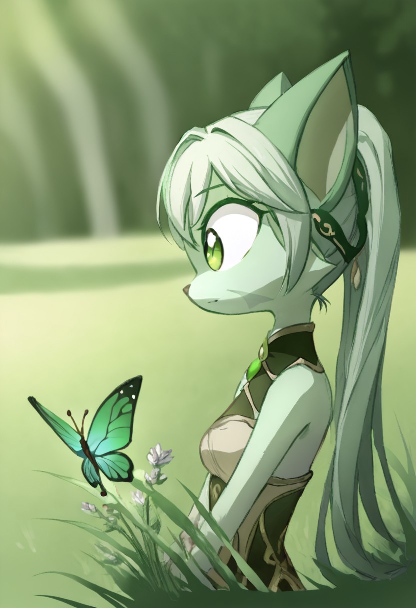 score_9, score_8_up, score_7_up, source_anime, BREAK 
lilith_calah, 1girl, furry female, furry, solo, tail, animal ears,
(masterpiece, best quality, absurdres,very aesthetic,newest),1girl,nahida \(genshin impact\),upper body,butterfly,grass,blurry foreground,
green gemstone,green theme,crystal,shade,
<lora:Obsidian_Jade_Style:0.5>,