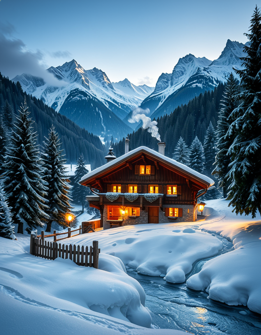 A stunning winter scene in the Tyrol region of Austria. A charming wooden chalet with traditional alpine architecture stands on a gentle snow-covered slope, surrounded by dense evergreen forests blanketed in fresh snow. The chaletâs warm interior lights glow softly through its large windows, creating a cozy contrast against the cool twilight hues of the sky. A plume of smoke drifts from the chimney, hinting at a roaring fireplace inside. In the foreground, a small wooden fence is partially buried under the snow, while a frozen river winds through the valley, reflecting the moonlight. Towering, snow-capped peaks of the Austrian Alps dominate the background, adding a breathtaking sense of grandeur. Snowflakes gently fall, adding movement and depth to the peaceful, picturesque scene. The image is hyper-realistic, capturing the intricate textures of the wood, snow, and ice, with cinematic lighting that highlights the magical winter ambiance.
<lora:SDXLFaeTastic2400:0.4> <lora:extremely_detailed:0.4> extremely detailed,<lora:winter_scene_in_the_Tyr0l:1>,winter scene in the Tyr0l, Masterpiece,best quality,hi res,8k,hi res,8k,award winning,(sharp focus, intricate, highly detailed),