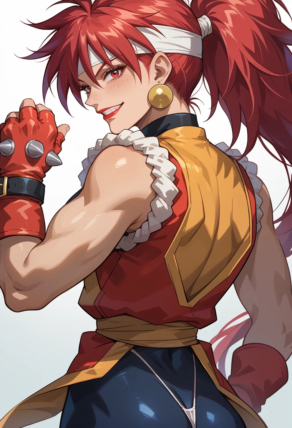 score_9, score_7_up, source_anime, BREAK <lora:AEBloodberry:0.85> AEBloodberry, red eyes, high ponytail, long hair, red lips, earrings, headband, bodysuit, sleeveless, fingerless gloves, red gloves, spandex, cowboy shot, from behind, ass, grin, (hand up:1.3), biceps, double biceps pose, thong,