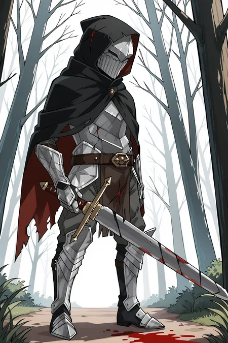 umbralknight, solo, 1boy, holding, full body, weapon, male focus, boots, belt, sword, hood, grey background, cape, holding weapon, armor, torn clothes, blood, mask, holding sword, gauntlets, hood up, armored boots, greaves, hooded cloak, anime_coloring, anime_screencap,
BREAK
Standing, stab, attack
BREAK
outside, forest, dark
BREAK
masterpiece,best quality,absurdres,very aesthetic,perspective, <lora:umbralknight_IL_Lora_v1:1>