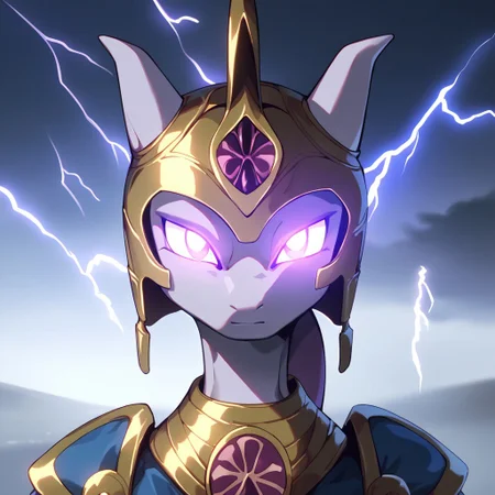 score_9, score_8_up, score_7_up, source_anime,  solo,  facing front,  close up, upper body shot, eye contact, looking at viewer, 
Solo focus, Storm God Mewtwo (purple skin, tail, horns, no ears, no nose, hairless, bald, glowing eyes),
 Egyptian style clothes (robes and armor, headdress (helmet, crown, mask) , ancient egyptian clothes), 
Floating in the air, arms outstretched, flying, purple lightning striking the earth, 
Background (black sky, Sand dunes, thunderstorm, storm, hurricane, stormy sky, violet clouds) , 
<lora:pony/expressiveh:0.8> expressiveh,