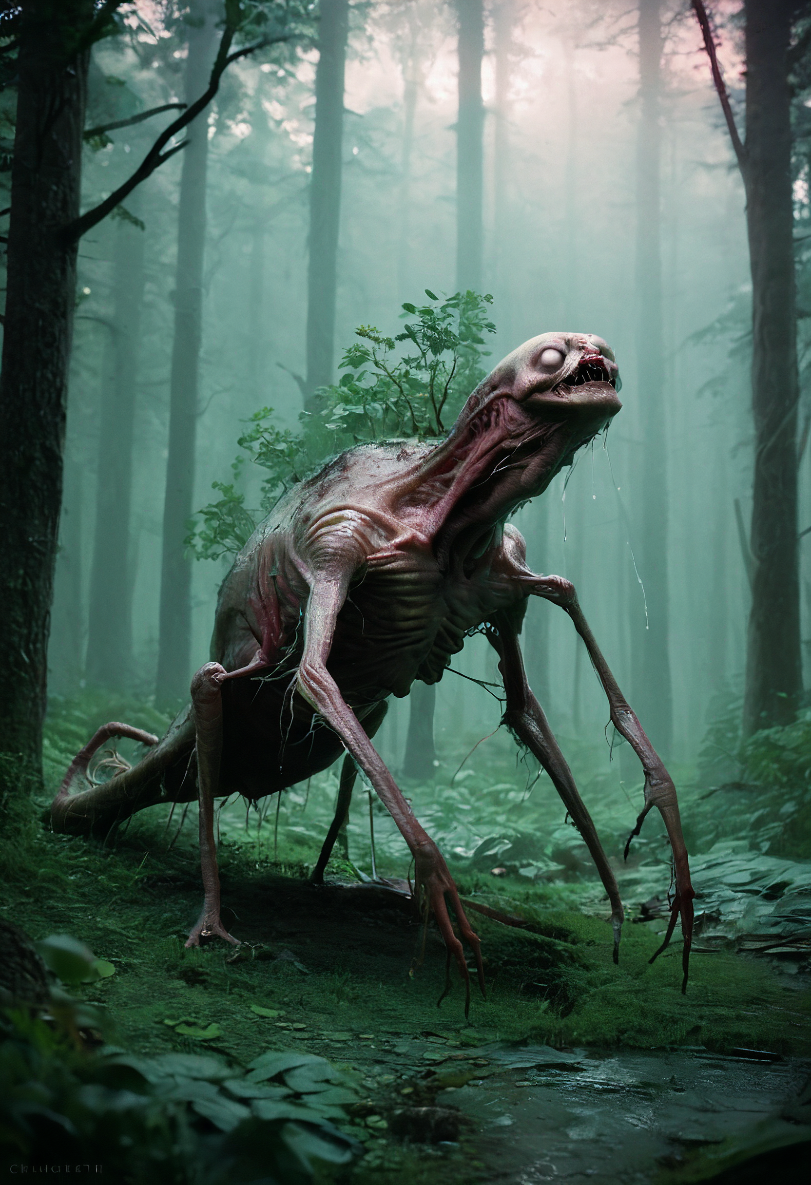score_9, score_8_up, score_7_up, zy_monster, realistic, hunched humanoid, mutated, bark-like skin, fungal growths, twisted arms, disproportionate limbs, blank face, bulbous eyes, jagged teeth, dark forest, rain-soaked, spores, grotesque, horror, deformed, nightmarish, shambling creature, eerie atmosphere, wet environment, unsettling, fungal infestation, depth of field, highly detailed, high contrast, film grain, Rim Lighting  <lora:zy_Horror_Monsters_PonyRealism_v1:0.75>