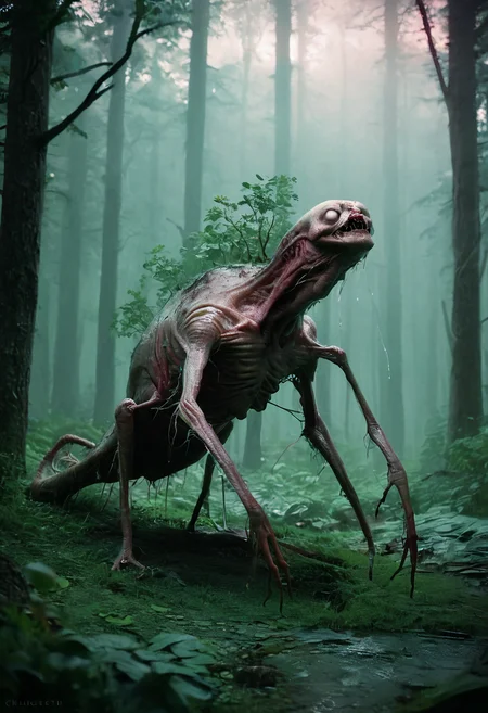 score_9, score_8_up, score_7_up, zy_monster, realistic, hunched humanoid, mutated, bark-like skin, fungal growths, twisted arms, disproportionate limbs, blank face, bulbous eyes, jagged teeth, dark forest, rain-soaked, spores, grotesque, horror, deformed, nightmarish, shambling creature, eerie atmosphere, wet environment, unsettling, fungal infestation, depth of field, highly detailed, high contrast, film grain, Rim Lighting  <lora:zy_Horror_Monsters_PonyRealism_v1:0.75>