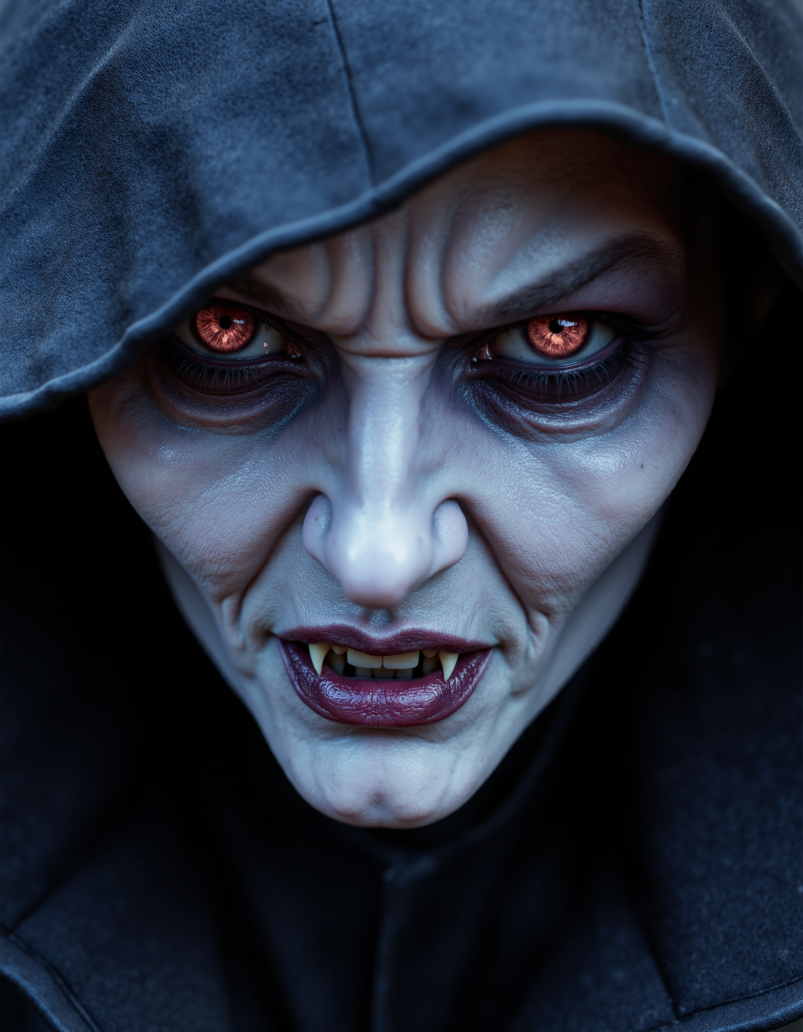 zavy-vmpr, Extreme close-up of a pale face shrouded in shadows, hauntingly beautiful vampire with iridescent skin and elongated features, a sly smirk revealing sharp canines and a glimmer of mischief in crimson eyes, dark and moody cinematic style with a dramatic depth of field, rich jewel tones of midnight blue and deep violet contrasted with ghostly silver highlights.