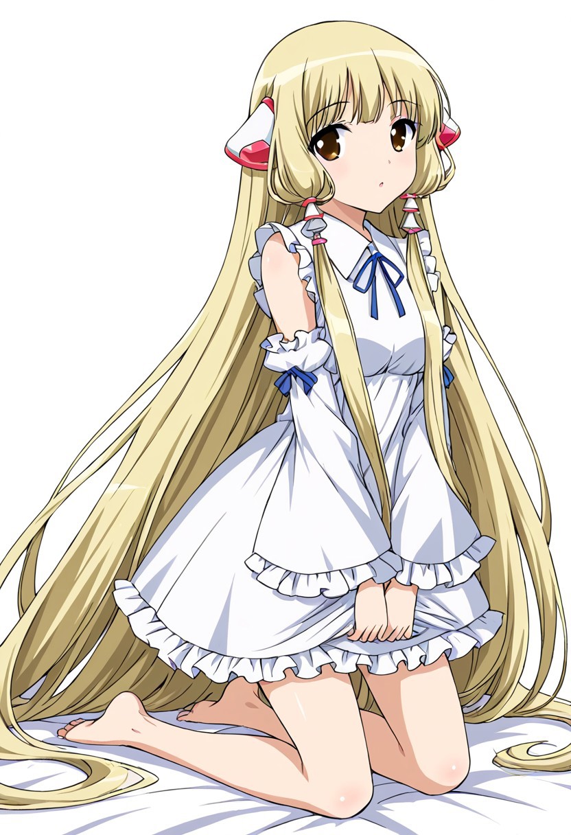 1 girl, alone, long hair, blonde hair, very long hair, hair tubes, robot ears, brown eyes, white dress, frilly dress, loose sleeves, barefoot, kneeling
