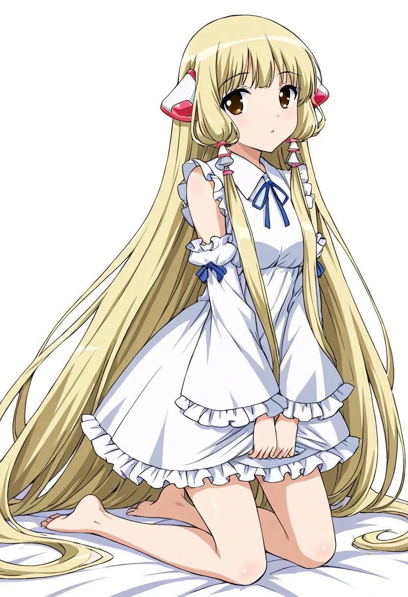 1 girl, alone, long hair, blonde hair, very long hair, hair tubes, robot ears, brown eyes, white dress, frilly dress, loose sleeves, barefoot, kneeling