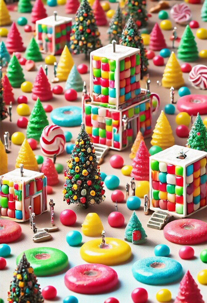 CHRC4ND7,  Candy Christmas cyberpunk city , candy robots, candy cyborgs, <lora:mrpcanrnet2:1> style of paint of mrp, mrph of a carnet mrpcanrnet2 with mrpdamier on (mrpvp), covered of mrpv,