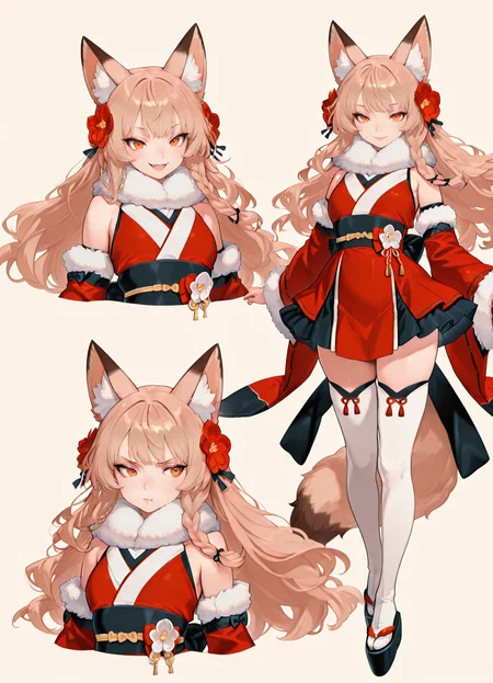perfect quality, best quality, masterpiece, 1girl, solo,
<lora:michihisa-illustrious:1> michihisa,
red kimono, red sleeves, white thighhighs, hair flower, detached sleeves, obi, fur collar, fur trim, okobo, back bow,
smile, beige background, reference sheet, <lora:multipleviews_illustrious:1> multiple views, close-up,