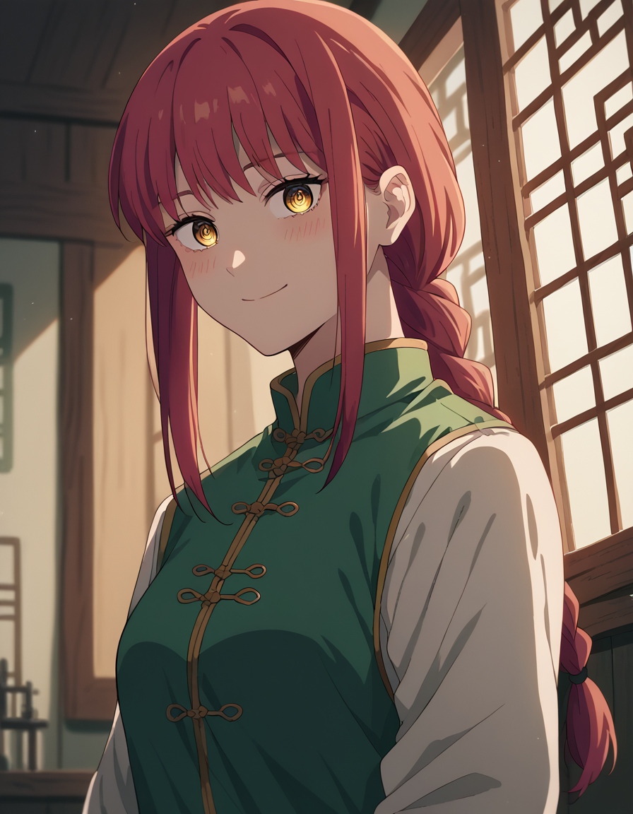 score_9, score_8_up, score_7_up, source_anime, makima, <lora:chainsaw-man-makima-s1-ponyxl-lora-nochekaiser:1> makima, long hair, smile, bangs, yellow eyes, braid, red hair, braided ponytail, ringed eyes,, <lora:tangzhuang-ponyxl-lora-nochekaiser:1>, tangzhuang, chinese clothes,, indoors, smile, blush,, full body, dutch angle, looking at viewer,
