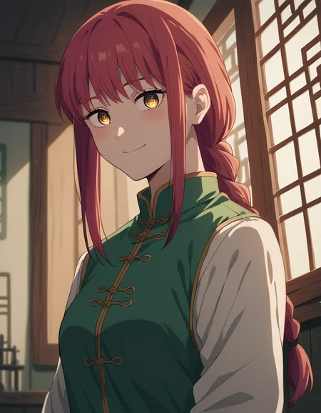 score_9, score_8_up, score_7_up, source_anime, makima, <lora:chainsaw-man-makima-s1-ponyxl-lora-nochekaiser:1> makima, long hair, smile, bangs, yellow eyes, braid, red hair, braided ponytail, ringed eyes,, <lora:tangzhuang-ponyxl-lora-nochekaiser:1>, tangzhuang, chinese clothes,, indoors, smile, blush,, full body, dutch angle, looking at viewer,