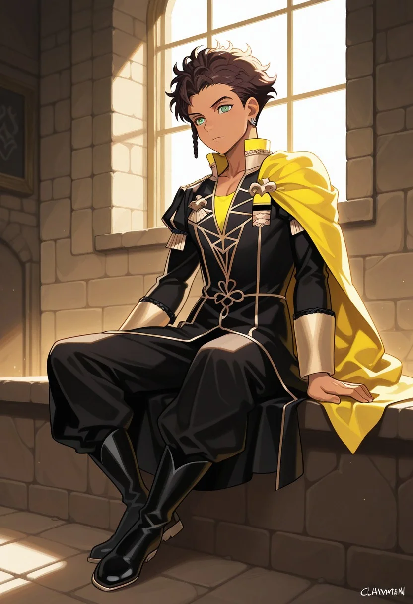 masterpiece,best quality,amazing quality, source_anime,
ClaudeVonRiegan, 1boy, male focus, solo, sitting, brown hair, jewelry, green eyes, earrings, signature, black footwear, indoors, window, full body, dark-skinned male, side braid, garreg mach monastery uniform, shirt, yellow shirt, coat, black coat, high collar, epaulettes, side cape, yellow cape, pants, black pants, boots