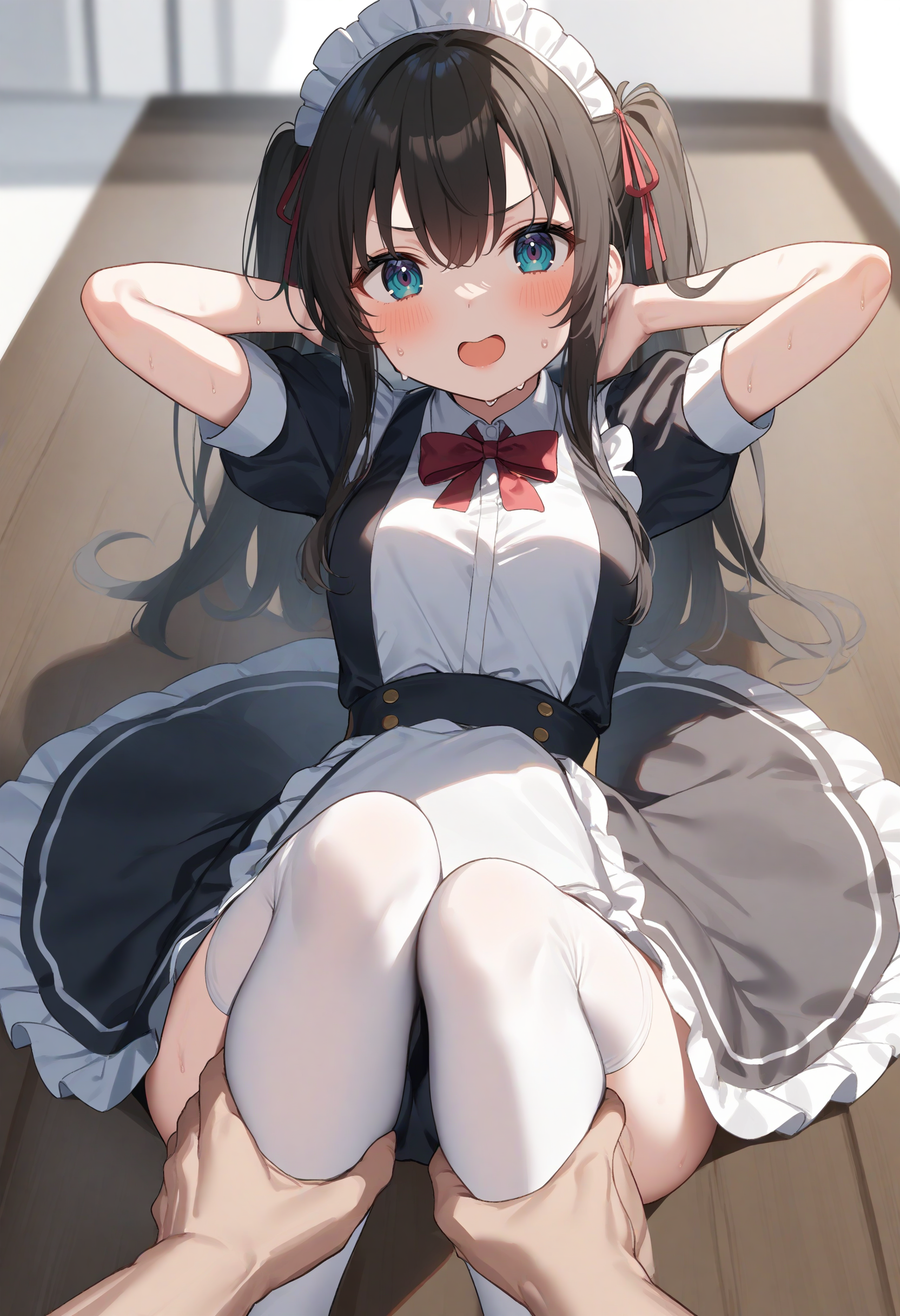 1girl,sincos, ningen mame, toosaka asagi,solo,medium breasts,20yo,maid,maid headdress,
sit-up, arms behind head, arms up, sweat, sitting, armpits, exercise, knees up, sweatdrop, thighs,<lora:sit-up_XL_v1:0.8>
pov hands, leg grab, ankle grab, holding another's foot,
from above, portrait, looking to the side, gray hair, brown eyes,smile, open mouth, ringlets hair,,
best quality, very aesthetic, absurdres