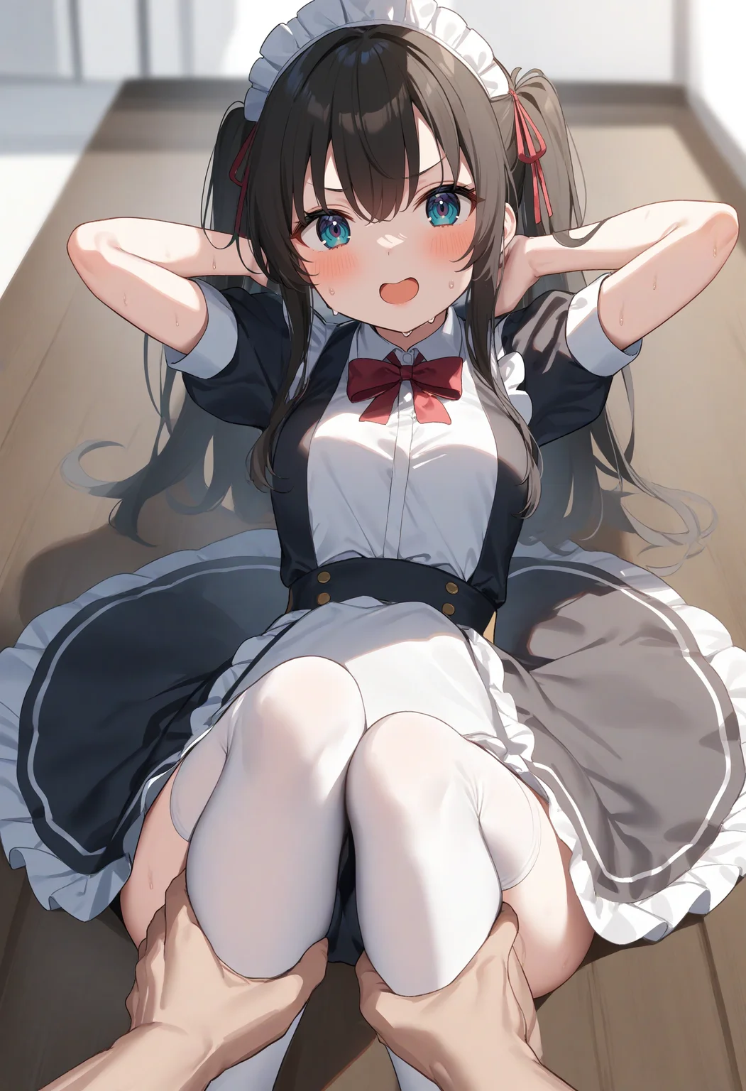 1girl,sincos, ningen mame, toosaka asagi,solo,medium breasts,20yo,maid,maid headdress,
sit-up, arms behind head, arms up, sweat, sitting, armpits, exercise, knees up, sweatdrop, thighs,<lora:sit-up_XL_v1:0.8>
pov hands, leg grab, ankle grab, holding another's foot,
from above, portrait, looking to the side, gray hair, brown eyes,smile, open mouth, ringlets hair,,
best quality, very aesthetic, absurdres