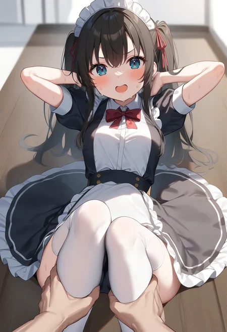 1girl,sincos, ningen mame, toosaka asagi,solo,medium breasts,20yo,maid,maid headdress,
sit-up, arms behind head, arms up, sweat, sitting, armpits, exercise, knees up, sweatdrop, thighs,<lora:sit-up_XL_v1:0.8>
pov hands, leg grab, ankle grab, holding another's foot,
from above, portrait, looking to the side, gray hair, brown eyes,smile, open mouth, ringlets hair,,
best quality, very aesthetic, absurdres