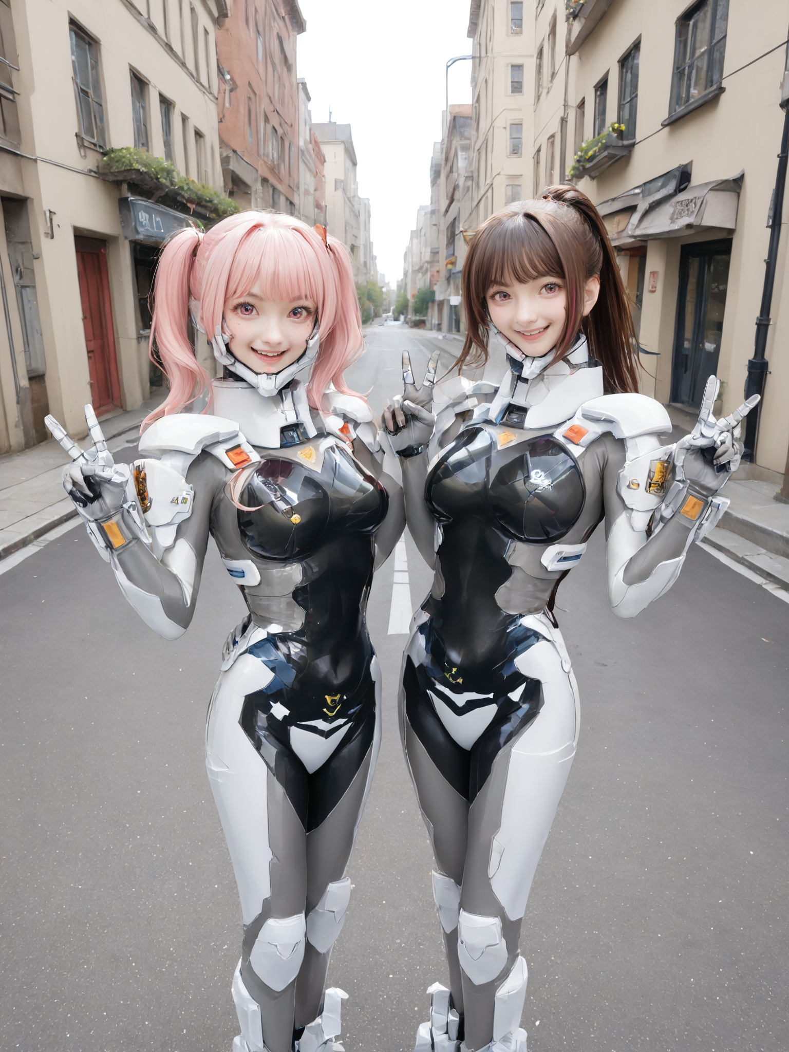 score_9, score_8_up, score_7_up, zPDXL, zPDXLpg, <lora:offset_0.2:0.1>, <lora:spo_sdxl_10ep_4k-data_lora_webui:1>, 2girls, v, peace sign, standing, smile, germanfortifiedsuit, <lora:German_Fortified_Suit_v2:1.1>, outdoors, city, street, looking at viewer
pink hair, pink eyes, twintails, bangs
brown hair, brown eyes, long ponytail, bangs