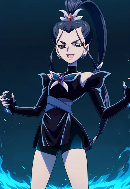 anime screencap, anime art style, yes! precure 5, dark precure 5, dark aqua, precure, 1girl, solo, jewelry, earrings, ponytail, long hair, bike shorts, magical girl, detached sleeves, black hair, blue theme, shorts, looking at viewer, blue eyes, judgement pose,smile, open mouth,blazing fire, magical flames, pyromancer, burning energy, AerialMovement,space background
Hide