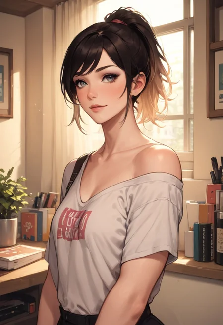 score_9, score_8_up, score_7_up, score_6_up,
1girl, solo, very aesthetic,
pale skin, 27 year old, curvy,
perfect eyes, eyeliner,
swept bangs, gradient hair, medium hair, ponytail, short bangs,
face portrait, light smile,
loose off shoulder shirt,
bedroom, window, bright interior, midday,
(cinematic lighting:1.3)