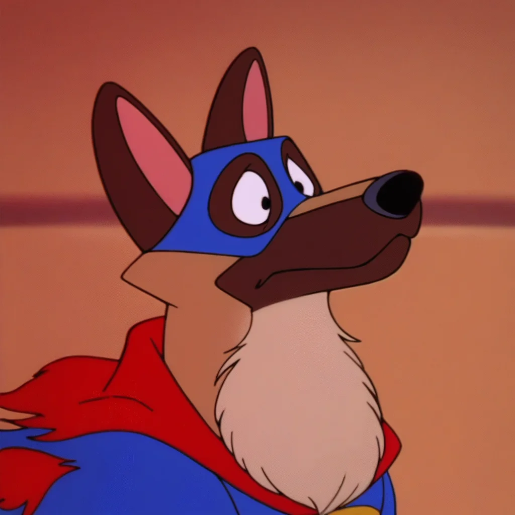 score_9, score_8_up, score_7_up, score_6_up, score_5_up, score_4_up, solo, 1 boy, W0nd3rD0g, Flash, Disney, Feral Dog, cartoon, German Shepherd, erect ears, pink inner ear, long snout, black nose, black eyes, tan fur, beige chest, beige paws, brown snout, brown ears, brown tail tip, fluffy tail, fluffy chest, fluffy cheeks, thick neck, blue shirt, yellow circle logo, red paw logo, red cape, pants less, blue mask, headshot, wide-eyed, shocked expression,