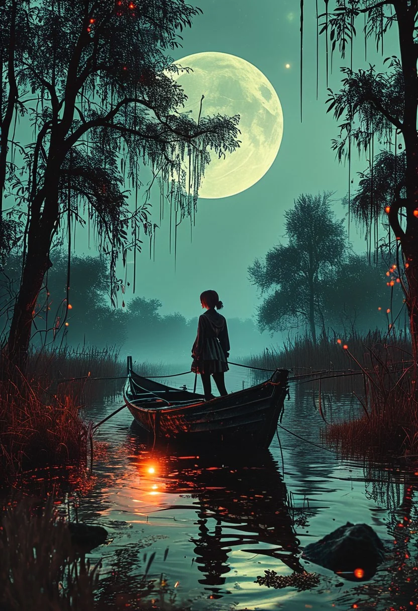 linquivera, Ink illustration, (anime:0.5), brown tones, aged black red paper, inkpunk, moonlight,surreal, a ghost standing on a boat in swampy wetlands, (at a distance), Will-o'-the-wisp, moonlit, lonely, solitude, windy, tall trees, willows, willowy, OverallDetail, extremely detailed, UHD,(long exposure , dystopian but extremely beautiful:1.4),<lora:- SDXL - letitflrsh_let_it_flourish_V1.0:0.8> ,<lora:Cute_Collectible:1>, <lora:XL_boss_battle:0.6> <lora:add-detail-xl:1>, <lora:Concept Art Twilight Style SDXL_LoRA_Pony Diffusion V6 XL:1>, <lora:MJ52:1>