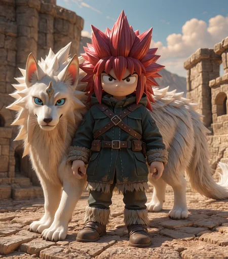 masterpiece, best quality, amazing quality, <lora:Ore_Tomba_v5:0.6> 1boy, solo, male focus, spiked hair, full body, red hair, looking at viewer, Beastmaster, wearing Rugged outdoor clothing, accompanied by various animals, masterpiece, best quality, amazing quality