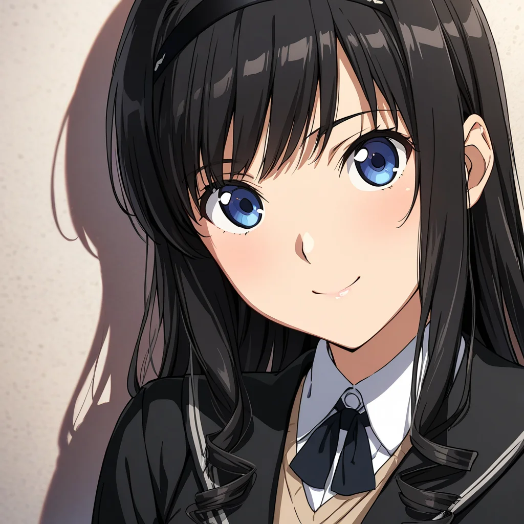 (masterpiece),(best quality),(ultra-detailed),(best illustration),(best shadow),(absurdres),(detailed background),(very aesthetic), haruka_morishima, 1girl, solo, kibito high school uniform, school uniform, hairband, long hair, blue eyes, black hair, long sleeves, smile, black jacket, jacket, very close-up, portrait, anime coloring<lora:Haruka_Morishima:1>