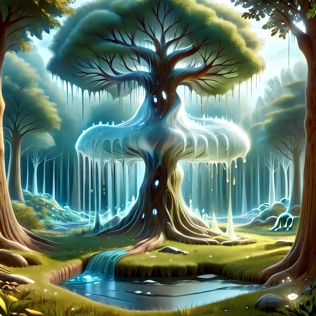 a tree made out of slime, dense-forest, Yggdrasil, a vast tree made out of slime, A large tree made out of slime, brown slime tree, translucent tree, transparent tree, trees made out of slime, 
everything made of slime, No simple background, ((slime tree)), detailed leaves, detailed bark texture, 
overcast sky, natural light, no bright spots, 
((translucent slime)), ((transparent slime)), (bioluminescent slime), sl1m3, slime, slime-morph, ais-blmn, saturated colors, no creatures, no monsters, no pokemon, scenery only, scenery, ral-lava, watce