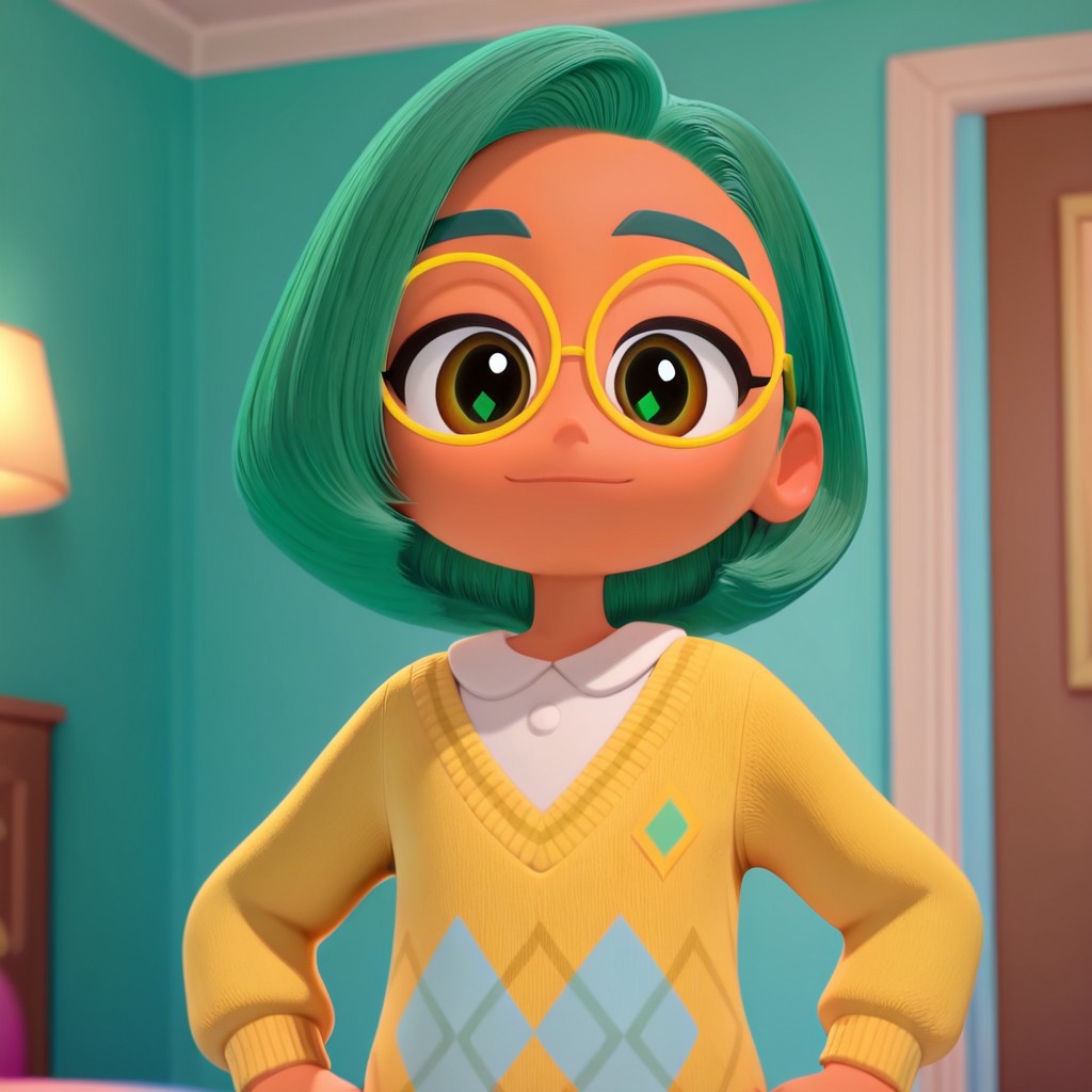 Green_Leaf, 1girl, solo, tan skin, brown eyes, short green, bobbed hair, green hair, yellow round glasses, white t-shirt, yellow long-sleeve sweater, light blue skirt, (light smile, Hands on hips, looking at viewer, indoors, elegant room, solo, dynamic pose, close-up, upper body,),