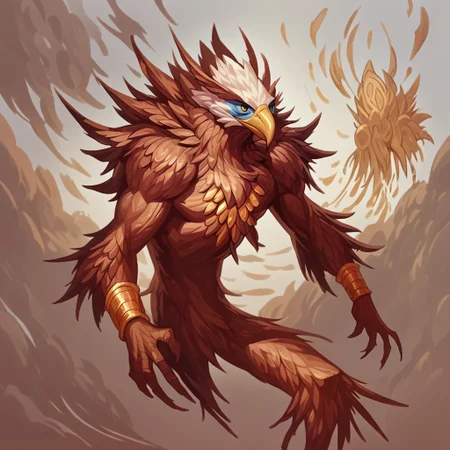 score_9, score_8_up, score_7_up, score_6_up, eagle aaracroka, monster, with gold accesories and tribals symbols, pose,dynamic composition, aaracroka like splash art,clouds background trowing clouds