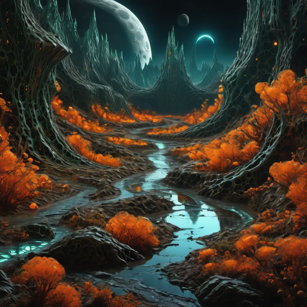 ((best quality)), ((masterpiece)), ((realistic,digital art)), (hyper detailed),DonMG414XL Valleys Prophecy,Murmuring Streams,Lunar Surface, octane rendering, raytracing, volumetric lighting, Backlit,Rim Lighting, 8K, HDR,   <lora:DonMG414XL-000015:1>