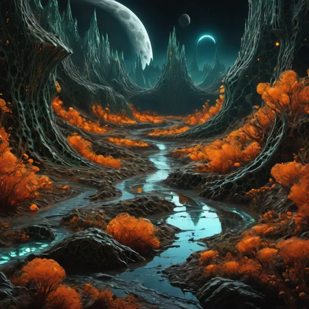 ((best quality)), ((masterpiece)), ((realistic,digital art)), (hyper detailed),DonMG414XL Valleys Prophecy,Murmuring Streams,Lunar Surface, octane rendering, raytracing, volumetric lighting, Backlit,Rim Lighting, 8K, HDR,   <lora:DonMG414XL-000015:1>