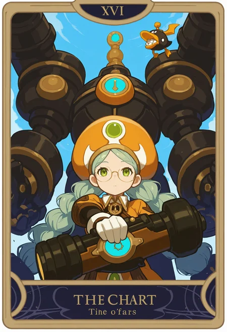 tarot card, AcadDN01, 1girl, holding cannon, Mecha Duck, orange hat, twin braids <lora:academic_dragonnest:1> <lora:Crowley_Thoth_Concept:1>