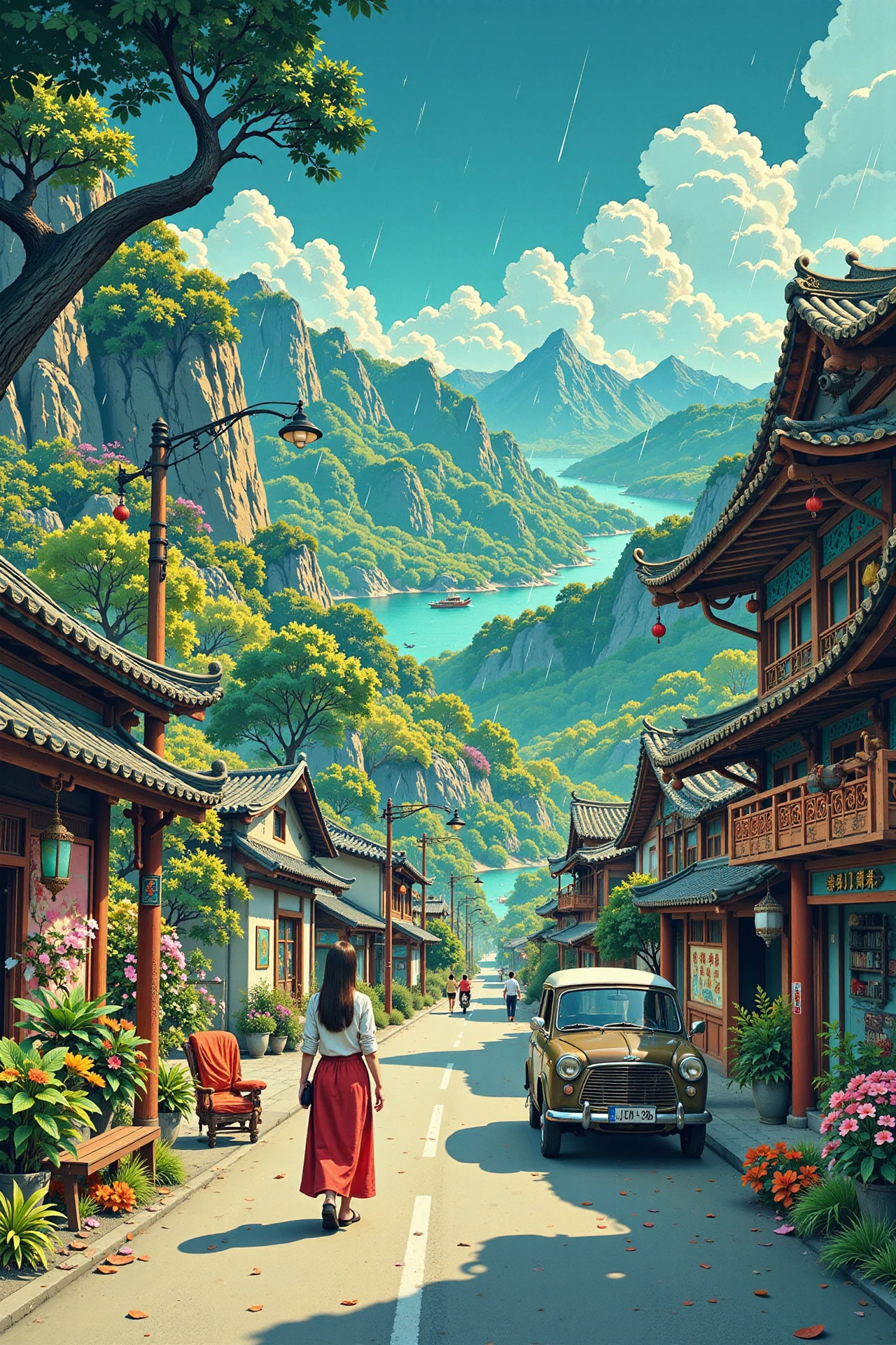 road trip beautiful landscape, rainy day, woman, very intricate, very detailed, sharp, bright, colorful, <lora:Hand v2:0.5> <lora:Anti-Blur:1><lora:Insane Detail Slider:0.25>  <lora:flux.1_lora_flyway_Epic-detail_v2:0.3> <lora:fluxenhancer:0.25> <lora:ROWER:0.6> <lora:flux-charmer-v1-1:0.4> <lora:Chinese style illustration:0.6> guofeng, chinese style illustration