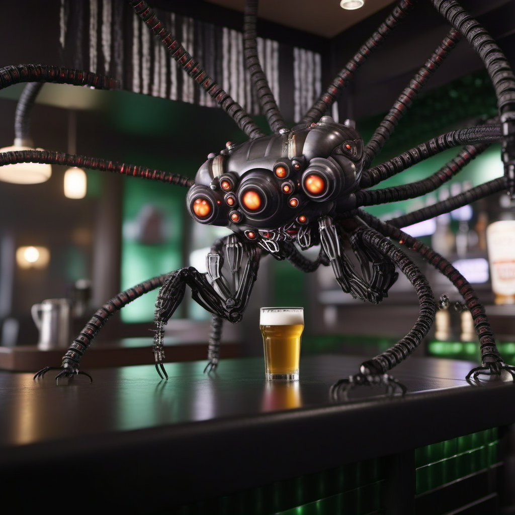 SentinelsMatrix1024, a robot spider having a beer in a pub , highly detailed, photography, ultra sharp, film, bokeh, professional, 64k  <lora:SentinelsMatrix1024:0.8>