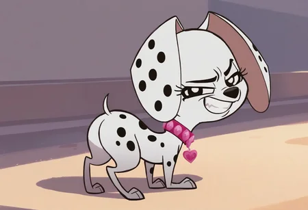 score_9, score_8_up, score_7_up, <lora:Triple_D:1> triple_D, dalmatian, feral, pink collar, ass, mooning, looking at viewer, smug grin, solo, heart collar