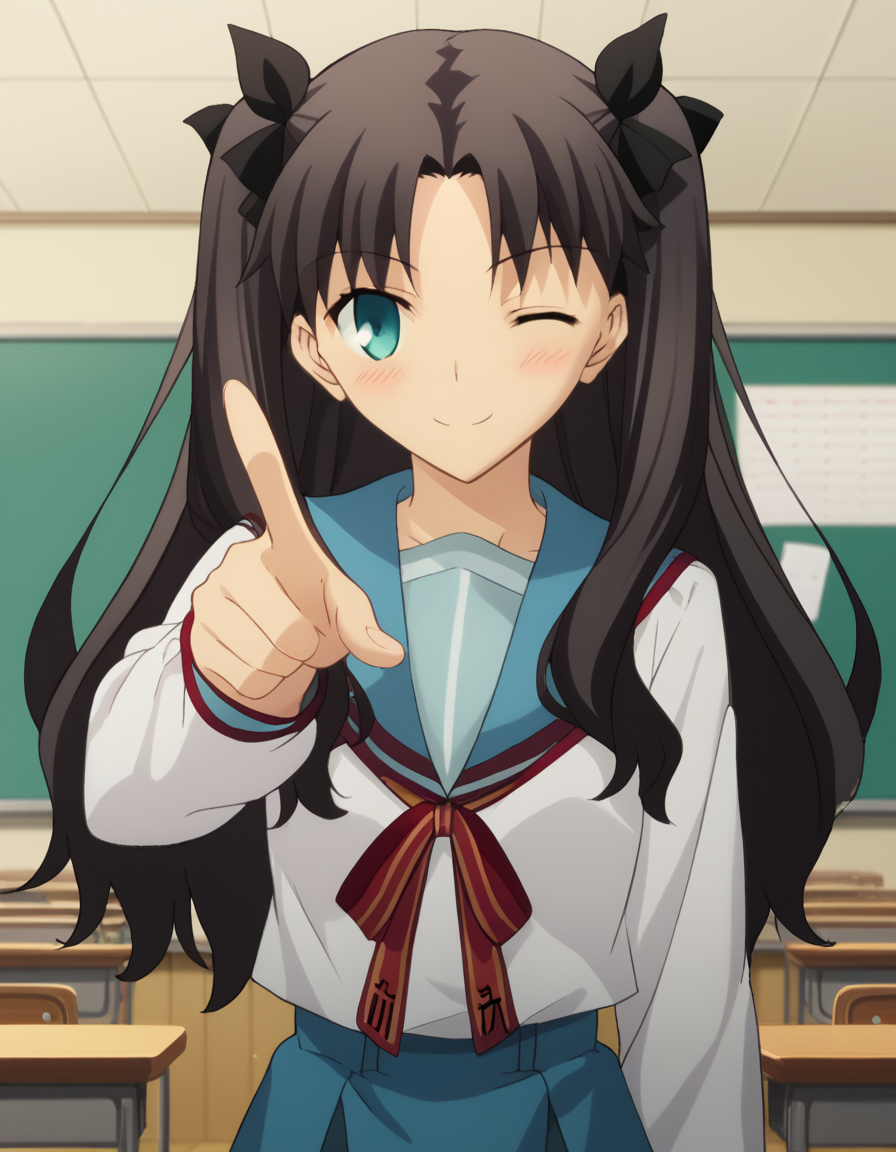 score_9, score_8_up, score_7_up, source_anime, rintohsaka, <lora:rin-tohsaka-ubw-ponyxl-lora-nochekaiser:1>, rin tohsaka, aqua eyes, black hair, hair ribbon, long hair, ribbon, sidelocks, two side up, parted bangs,, <lora:haruhi-suzumiya-cosplay-ponyxl-lora-nochekaiser:1>, haruhisuzumiyacosplay, suzumiya haruhi \(cosplay\), skirt, long sleeves, school uniform, serafuku, sailor collar, blue skirt, blue sailor collar, winter uniform, kita high school uniform,, classroom, one eye closed, pointing at viewer, smile, blush,, cowboy shot, dutch angle, solo,