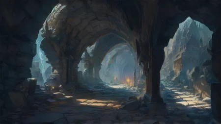 wide shot, carved dwarven tunnels, runic engravings, stone block walls, rows of lit torch sconces, (pointed gothic arches:1.2), (warm lighting:1.2), dwarves in the distance, iron mine, <lora:FantasyLandscape:.6>, <lora:epi_noiseoffset2:.2>, art by evan cagle and greg rutkowski, mead hall, gargoyle, intricate stonework, doorway on side,
