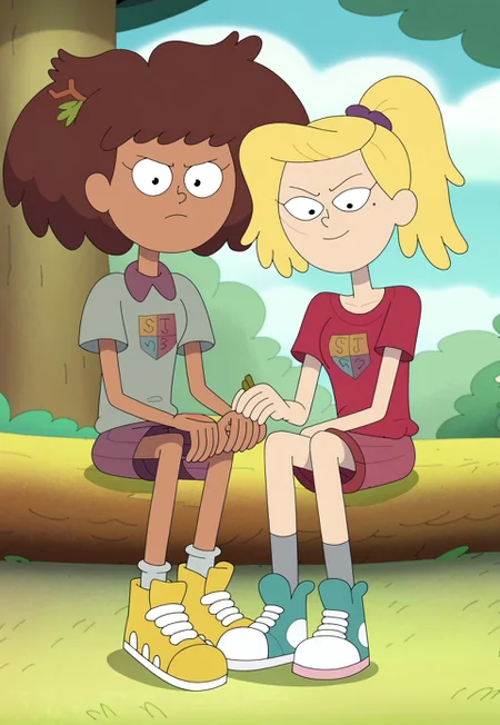 ((score_9)), SHAMPSTYLE, 2girls, CHAnneboonchuy, CHSASHAWAYBRIGHT, sitting in a tree, looking down at viewer, sfw