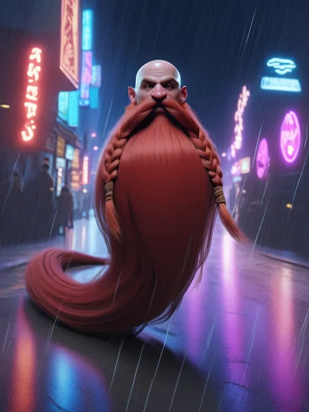 Neon noir , score_9, score_8_up, score_7_up, score_6_up, score_5_up, score_4_up, <lora:Harry_Dwarf_Pony_XL:1>,
Harry_Dwarf, bald, bangles, with long Red beard and braided moustache, exciting, dynamic . Cyberpunk, dark, rainy streets, neon signs, high contrast, low light, vibrant, highly detailed
