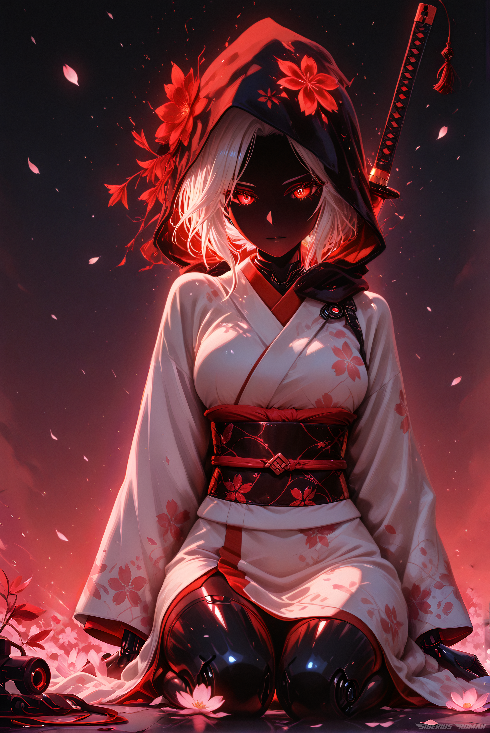  A cybernetic samurai sexy woman kneeling gracefully under falling cherry blossom petals. Open bottom. She wears a traditional white and red kimono with sakura flower patterns, partially open to reveal high-tech, glossy black cybernetic limbs. Her hood is up, casting a shadow over her sharp, pale face with glowing red eyes. She holds a katana with a glowing red blade and black-red hilt. Her look is calm yet intense. The background is dark, giving contrast to the falling pink petals and her white kimono. Ultra-detailed, anime style, high contrast lighting, dramatic composition, 4K resolution, intricate mechanical design, elegant and fierce atmosphere.,Flatline, Flat vector illustration, colorfull, xmc