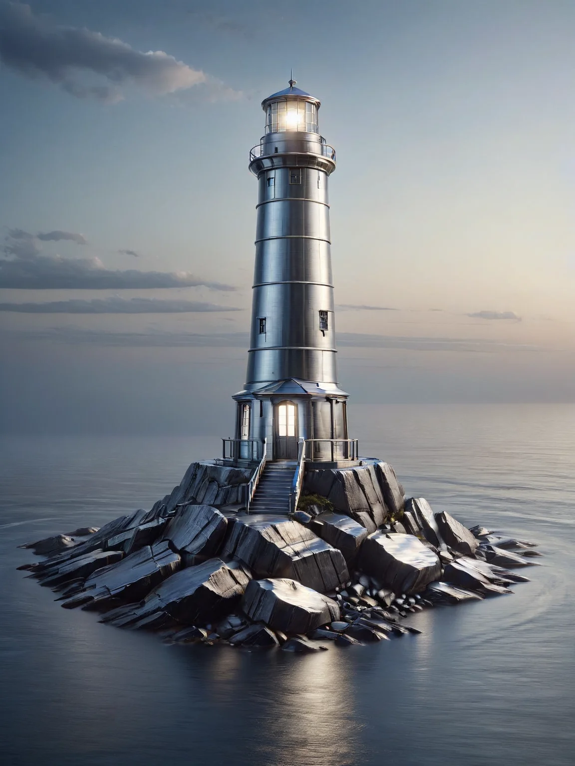 An ais-steelz lighthouse, on rocks, looking out to see at dusk <lora:Brushed_Steel_Style_SDXL:1>