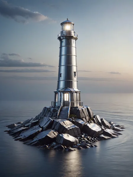 An ais-steelz lighthouse, on rocks, looking out to see at dusk <lora:Brushed_Steel_Style_SDXL:1>