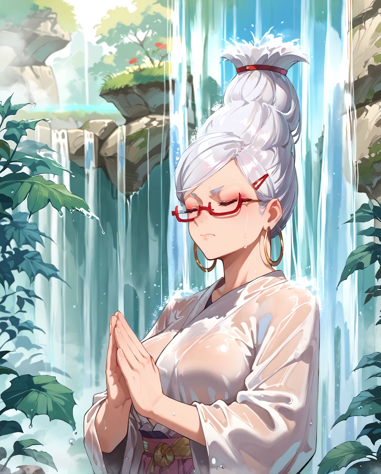 score_9,score_8_up,score_7_up,masterpiece, best quality, <lora:WHM 0.2v:0.5>, WHM, 2D,anime,  
<lora:HandFixer_pdxl_Incrs_v1:0.5>,   
<lora:Underneath_Waterfall:0.8> W4terf4ll, waterfall, shower, standing, clenching fists, praying, 
BREAK
<lora:ayase_seiko:0.9>, seiko_wz, white hair,  bun, single hair bun, big breasts, red glasses, ornament hair clip, hoop earrings,hair up in a bun,