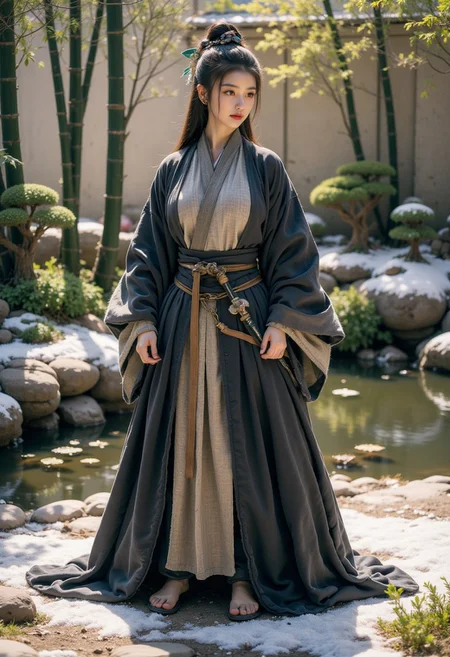 Chinese girl, 1girl, 1qqq, full body view, wei dynasty black hanfu, near pond, bamboo plants, bamboo trees, bonsai plants, practicing sword, fighting stance,winter, good weather,