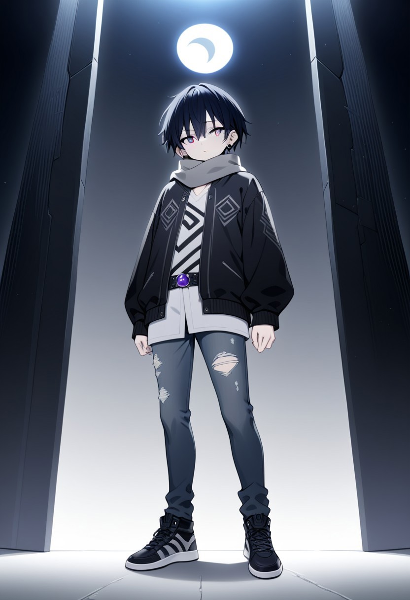 (Young boy  character design:1.4), (masterpiece:1.4), (best quality:1.4), 4k Ultra HD, HDR, (hyper-detailed), urban fantasy vibe, dynamic poses. Tsukikage stands at approximately 1.78 meters, with a slim yet agile physique, exuding an active urban lifestyle. His skin is pale, radiating a subtle glow reminiscent of city lights. He has an oval face with delicately defined jawlines, high cheekbones adding a hint of melancholy depth. His hair is jet black with light gray highlights, styled modernly in layered, slightly tousled cuts, partly concealing his almond-shaped eyes. Those eyes are dark gray with deep blue edges, akin to a lunar eclipse. His elegantly shaped nose complements the harmony of his face, while his thin, pale lips hint at a rare, genuine smile. Small silver earrings adorn his balanced ears, hinting at understated elegance. His slender neck is often hidden by scarves or high jacket collars. Tsukikage's fingers are thin and nimble, suggesting artistic or musical skills. He wears a stylish urban-oriental outfit: sleek bomber jackets with silver dragon or moon patterns, monochrome shirts, distressed jeans, and modern-designed sneakers. A gray scarf and an amethyst keychain on his belt complete his look.