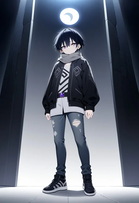 (Young boy  character design:1.4), (masterpiece:1.4), (best quality:1.4), 4k Ultra HD, HDR, (hyper-detailed), urban fantasy vibe, dynamic poses. Tsukikage stands at approximately 1.78 meters, with a slim yet agile physique, exuding an active urban lifestyle. His skin is pale, radiating a subtle glow reminiscent of city lights. He has an oval face with delicately defined jawlines, high cheekbones adding a hint of melancholy depth. His hair is jet black with light gray highlights, styled modernly in layered, slightly tousled cuts, partly concealing his almond-shaped eyes. Those eyes are dark gray with deep blue edges, akin to a lunar eclipse. His elegantly shaped nose complements the harmony of his face, while his thin, pale lips hint at a rare, genuine smile. Small silver earrings adorn his balanced ears, hinting at understated elegance. His slender neck is often hidden by scarves or high jacket collars. Tsukikage's fingers are thin and nimble, suggesting artistic or musical skills. He wears a stylish urban-oriental outfit: sleek bomber jackets with silver dragon or moon patterns, monochrome shirts, distressed jeans, and modern-designed sneakers. A gray scarf and an amethyst keychain on his belt complete his look.